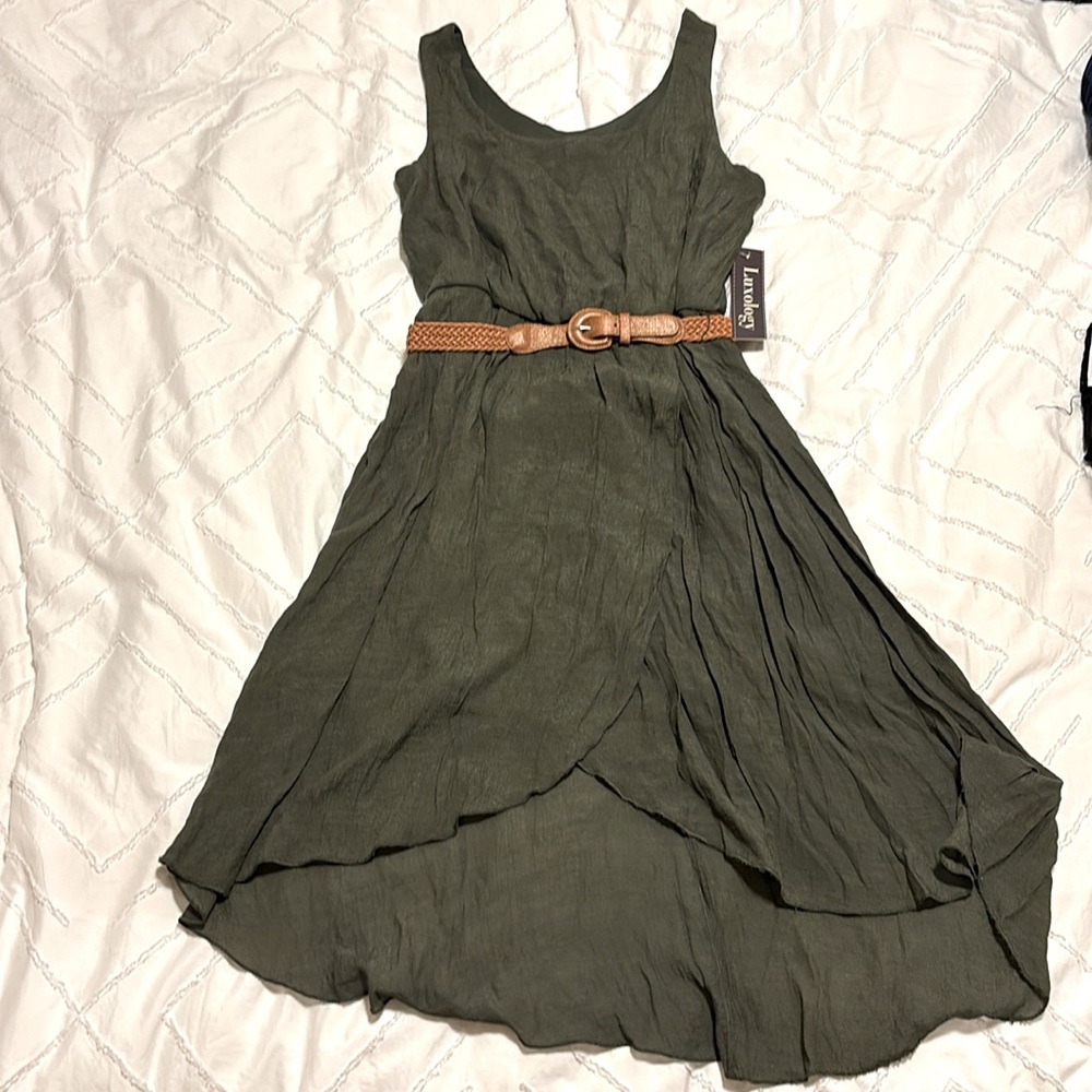 New army green tulip hem tank top dress with braided belt